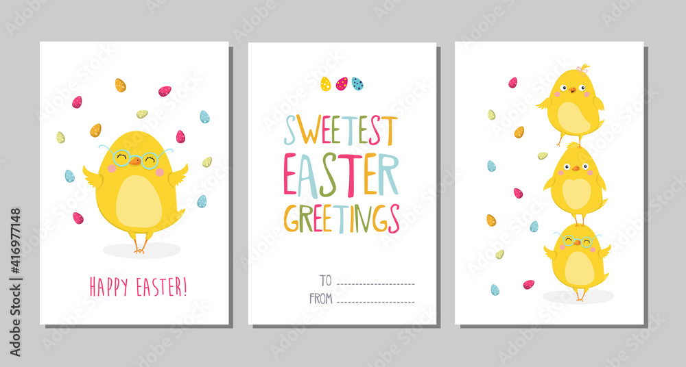 Set of Easter cards with cute cartoon chicken and type design . Easter greetings cards. Vector illustration EPS10