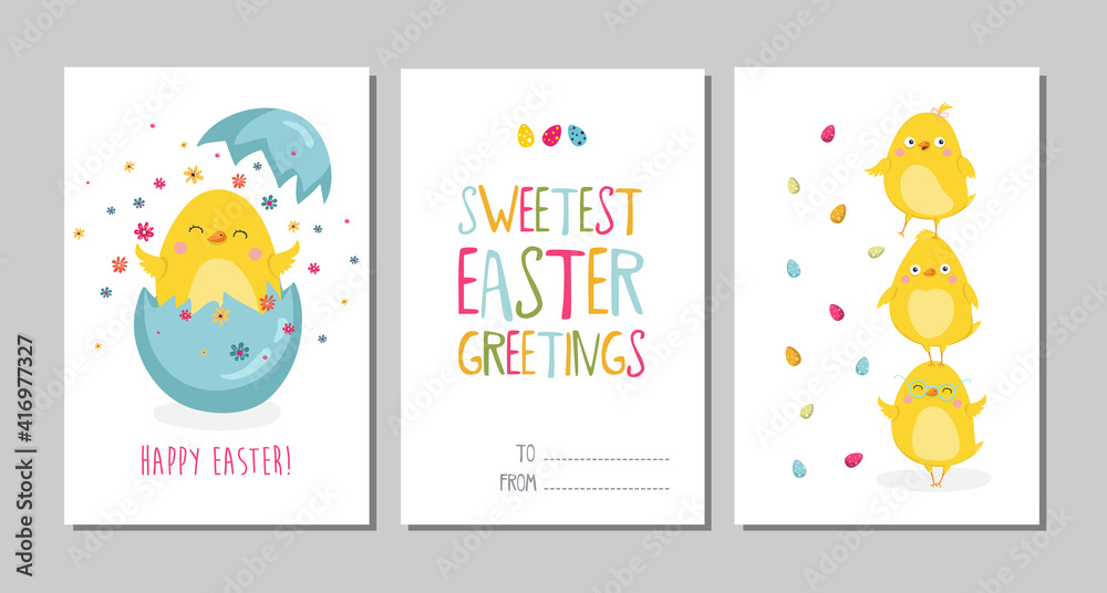 Fototapeta Set of Easter cards with cute cartoon chicken and type design . Easter greetings cards.