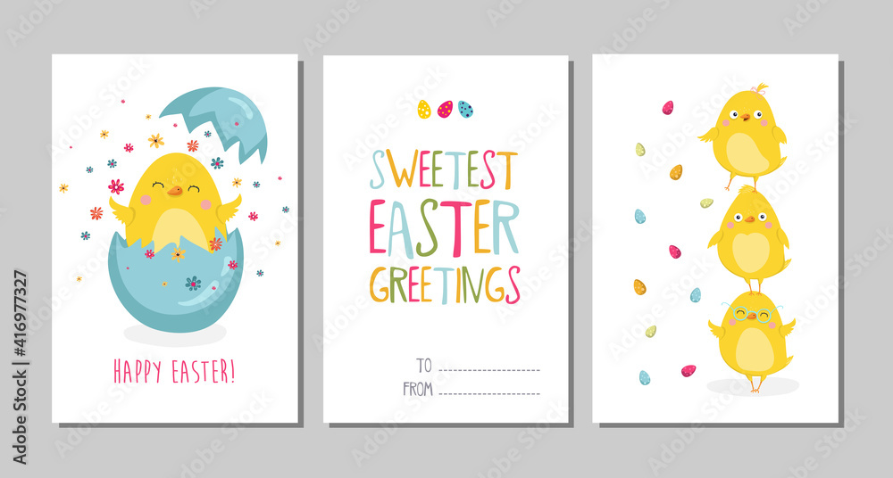 Set of Easter cards with cute cartoon chicken and type design . Easter greetings cards.