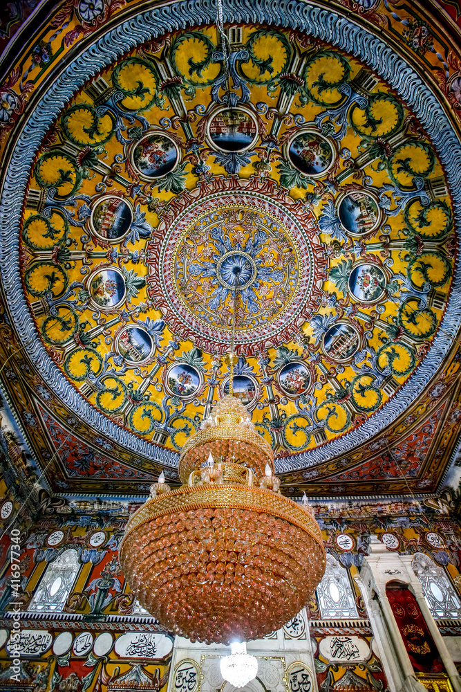Pasha mosque, the painted mosque of Tetovo, Republic of Macedonia. Chandelier and painted ceiling. 29.09.2018