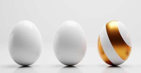 Elegant white Easter eggs, one with golden stripes.