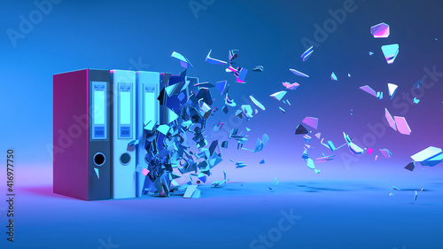 Canvas Print office folders in neon light falling apart into small parts