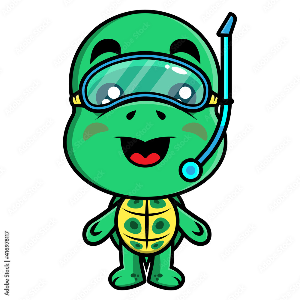 Adorable Turtle cartoon characters wearing snorkeling goggles, best for logo or mascot of swimwear shop for children Adorable Turtle cartoon characters wearing snorkeling goggles, best for logo or mascot of swimwear shop for children