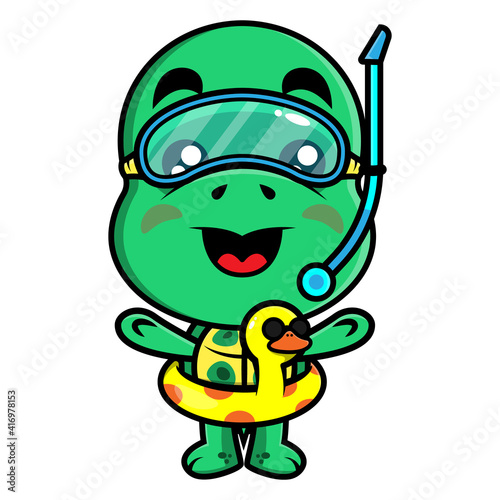 Adorable Turtle cartoon characters wearing snorkeling goggles and duck buoy, best for logo or mascot of swimwear shop for children