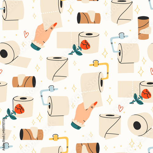 Various Toilet Paper rolls, empty tube. Hygiene, WC, restroom, household concept. Cartoon style. Hand drawn trendy Vector illustration. Colorful square Seamless Pattern. Background, Wallpaper