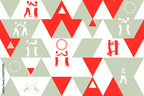 Vector illustration of the colored geometric  pattern with silhouettes of Wing Chun fighters