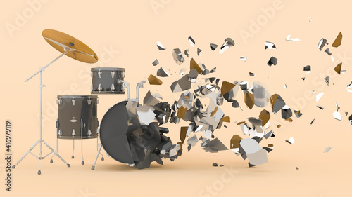 half destroyed drum kit with flying fragments