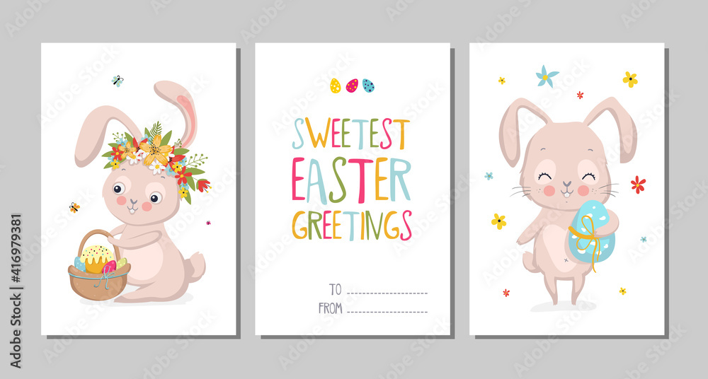Set of Easter cards with cute bunnies and lettering. Easter greetings cards with bunny, cups, eggs and flowers. Vector illustration EPS 10 Set of Easter cards with cute bunnies and lettering. Easter greetings cards with bunny, cups, eggs and flowers. Vector illustration EPS 10