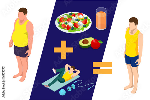 Isometric Healthy food and Diet planning concept. Healthy eating, personal diet or nutrition plan from dieting expert. Nutrition consulting, diet plan. Excess weight