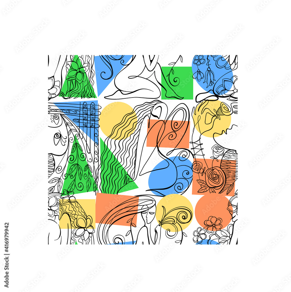 Vector modern trendy seamless pattern with an abstract linear pattern of graceful women and flowers on a white background with colored geometric shapes. Vector modern trendy seamless pattern with an abstract linear pattern of graceful women and flowers on a white background with colored geometric shapes.