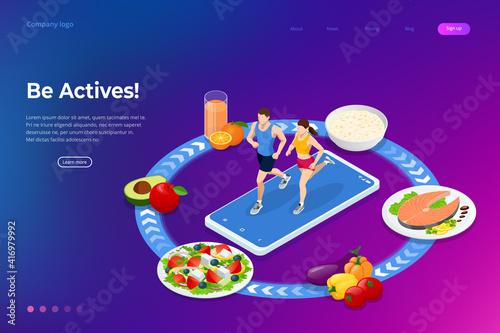 Isometric Healthy food and Diet planning concept. Healthy eating, personal diet or nutrition plan from dieting expert. Nutrition consulting, diet plan. Excess weight