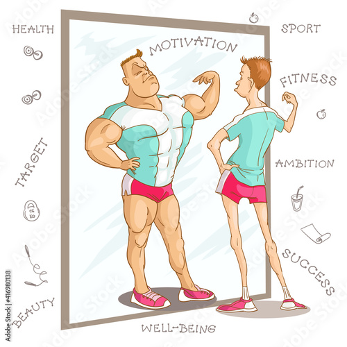 Vector caricature illustration. Cartoon funny man in a fitness class looks at his reflection in the mirror and dreams. The concept of motivation for physical education and a healthy lifestyle.