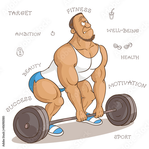 Vector cartoon illustration. Cartoon funny man in fitness class trying to lift a very heavy barbell. The concept of a competent and correct approach to sports.