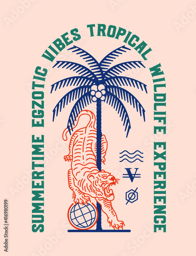 palm tree and tiger illustration with slogan print design