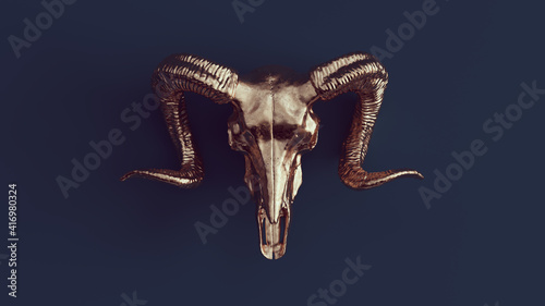Bronze Ram Skull with Navy Blue Background 3d illustration render