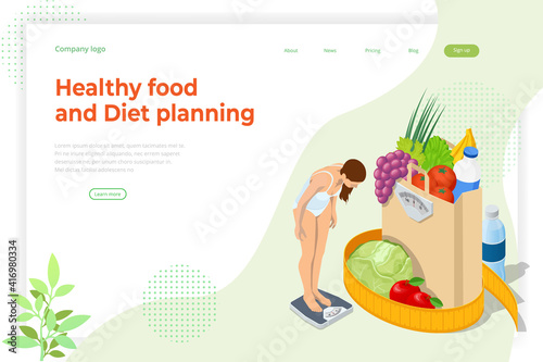 Isometric Healthy food and Diet planning concept. Healthy eating, personal diet or nutrition plan from dieting expert. Nutrition consulting, diet plan