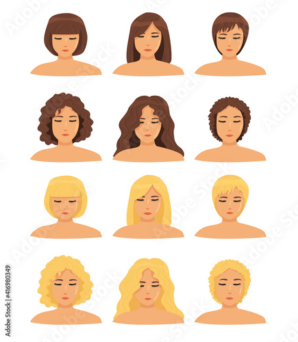 a set of different types of hair (curly, straight), different hair lengths and different hair colors for girls. icons isolated. 6 different haircuts and hairstyles. blondes and brunettes. vector flat photo