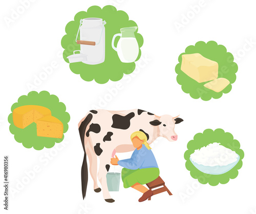 dairy products concept. cow farm. Production of cheese, butter, cottage cheese, milk. A woman is milking a cow. vector flat. cartoons. isolated