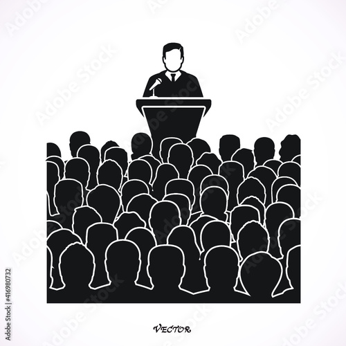 politician, orator speaking from tribune for the audience 