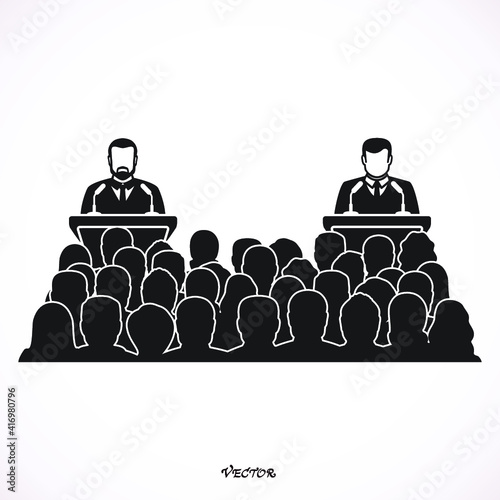 Silhouette illustration of two men figure debating on podium