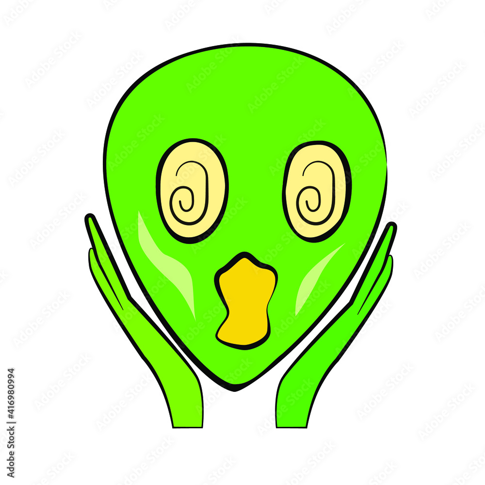 Screaming, mad alien, in panic, green Martian face with open mouth, hands near his head, emotions. Author's interpretation of Edvard Munch's Screaming, mad alien, in panic, green Martian face with open mouth, hands near his head, emotions. Author's interpretation of Edvard Munch's