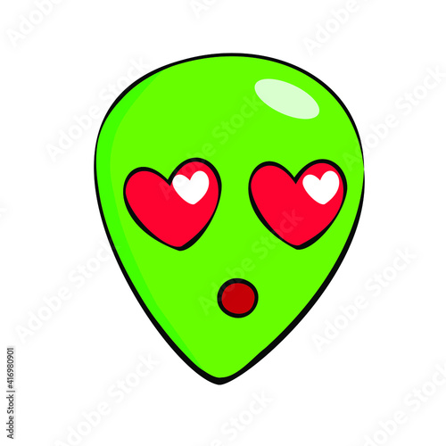 Loving alien, face of a cosmic creature, eyes-hearts, emotion, intergalactic traveler. Colorful sticker, character for cartoons, design for covers, books. Vector illustration on white, isolated.