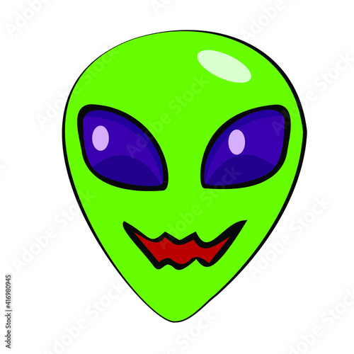 A cunning alien with large purple eyes, an evil grin, a cosmic man, a Martian face, an intergalactic UFO.  Color sticker, illustration for books, comics. Vector image on white background, isolated.