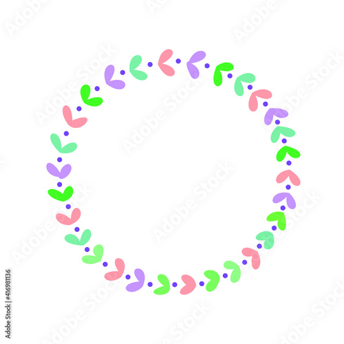 A round frame of leaves and dots drawn by a marker, a colored circle on a white background. Illustration for headlines, copy space, cute design for diaries, notebooks. Vector, isolated.