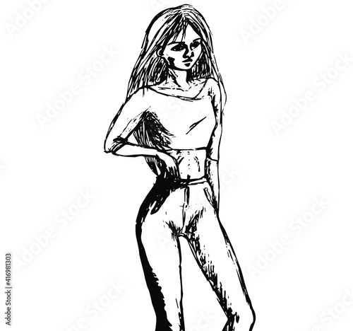 A pencil drawing of a young girl up to her knees, she stands half-sideways with her hand on her belt. The drawing is black and white isolated on a white background.