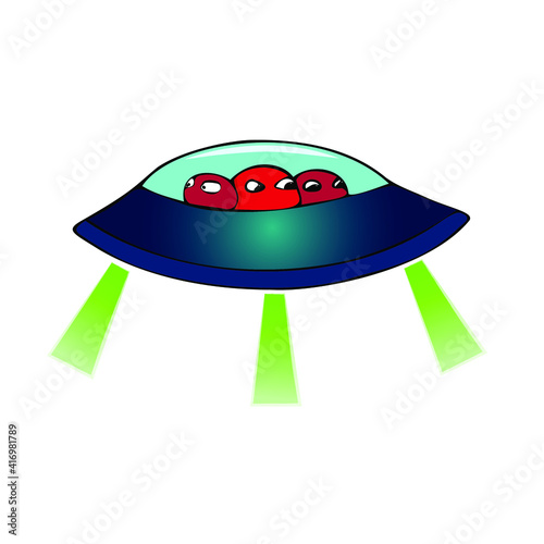 Flying saucer with three aliens, funny cartoon creatures from space, round red men, intergalactic travelers. Characters for comics, stickers, children's illustrations. Vector on white, isolated.
