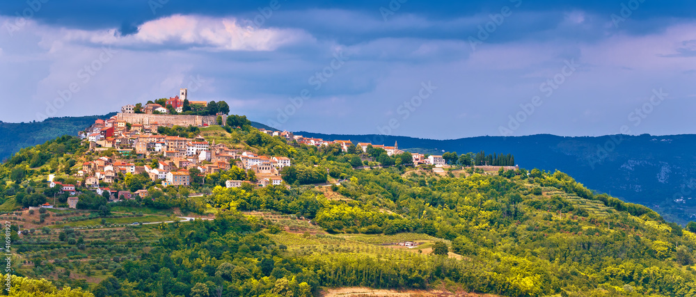 Historic town of Motovun on green hill panoramic view