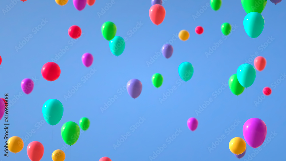 colorful balloons flying, floating in the blue sky. colorful balloons flying, floating in the blue sky.