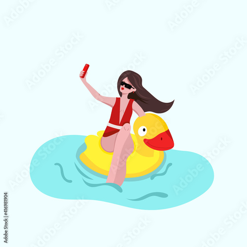 Girl sits on inflatable mattress duck in the pool. Girl taking selfie. Vector illustration 