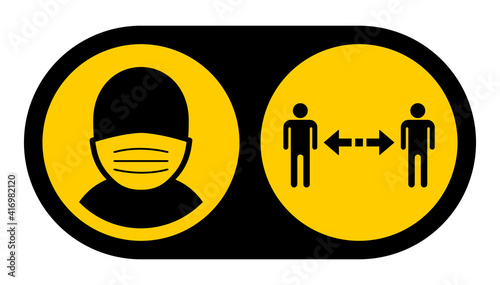 Wear a Face Mask and Keep Your Distance Instruction Icon. Vector Image.