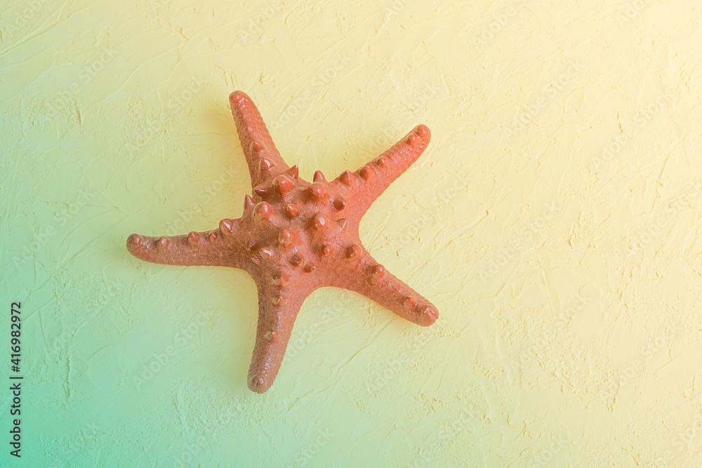 Large red starfish on textured background. Beach vacation concept, travel. Toned photo, selective focus, fog view Large red starfish on textured background. Beach vacation concept, travel. Toned photo, selective focus, fog view