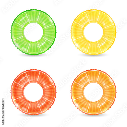 Inflatable ring looking like orange isolated on white background. Realistic colorful rubber swimming buoy. Vector illustration of top view at pool floater in fruit shape, beach toy