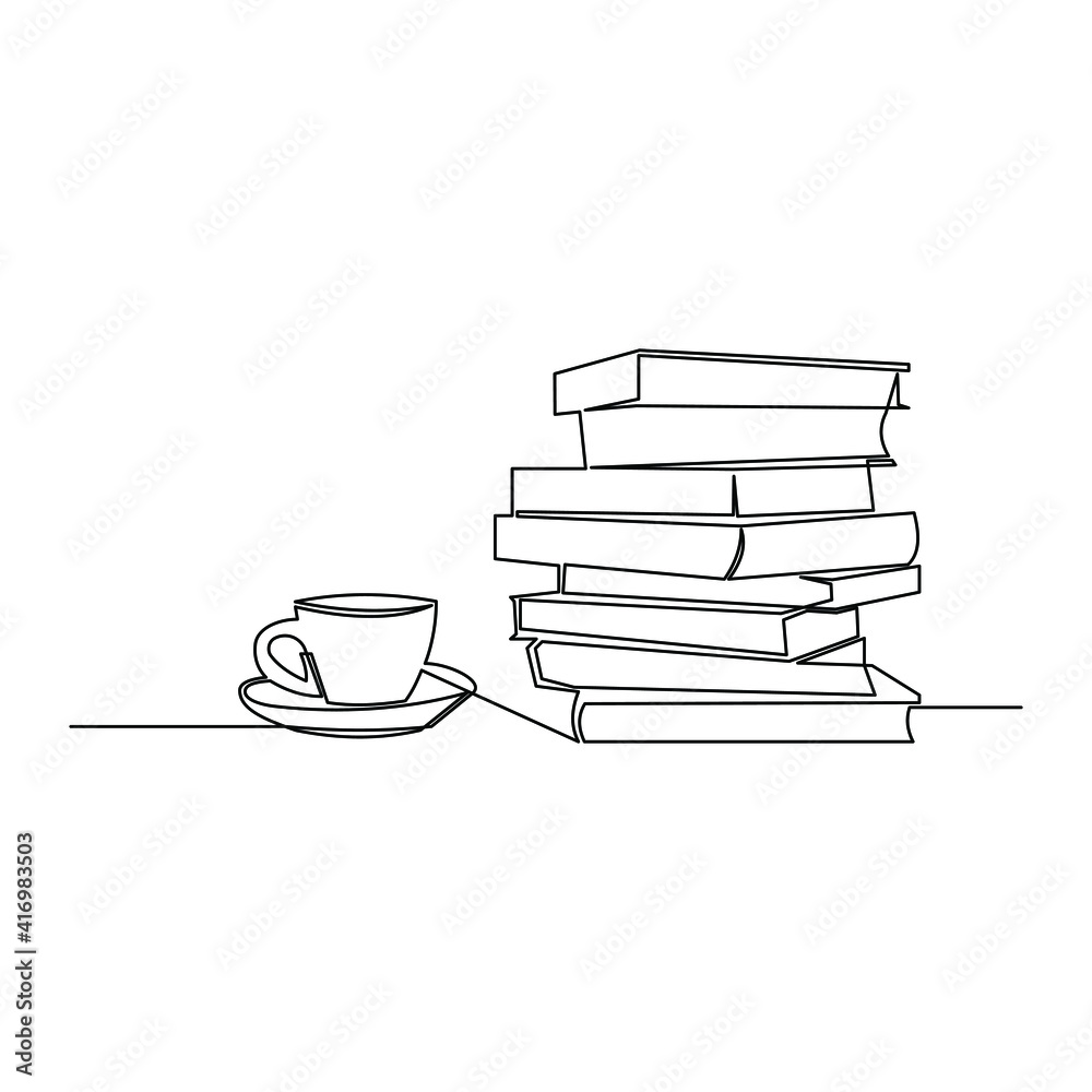 Draw a continuous line of stacks of books with a cup of coffee on top of the library table. Business and education concepts. Vector illustration Draw a continuous line of stacks of books with a cup of coffee on top of the library table. Business and education concepts. Vector illustration