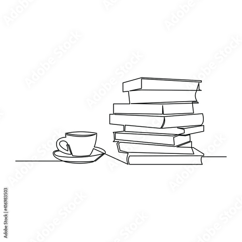 Draw a continuous line of stacks of books with a cup of coffee on top of the library table. Business and education concepts. Vector illustration