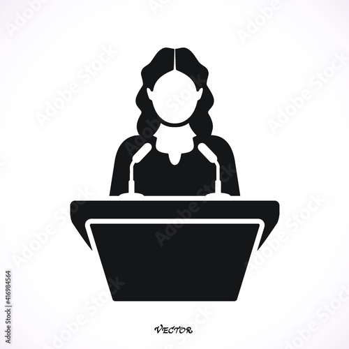 woman speaker icon. orator speaking from tribune vector flat style colorful illustration