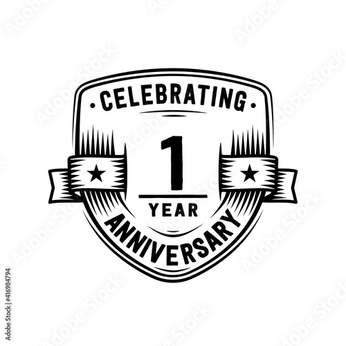 1 year anniversary celebration shield design template. Vector and illustration.