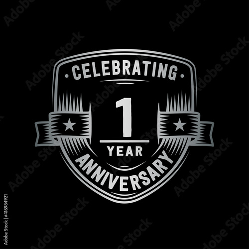 1 year anniversary celebration shield design template. Vector and illustration.