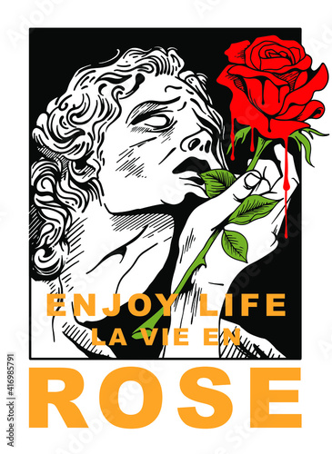 Enjoy Life slogan print design with a statue and hand holding rose illustration translation is Life in Pink
