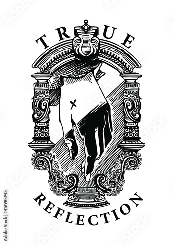 True Reflection slogan print design with vintage mirror frame and dramatic hand illustration