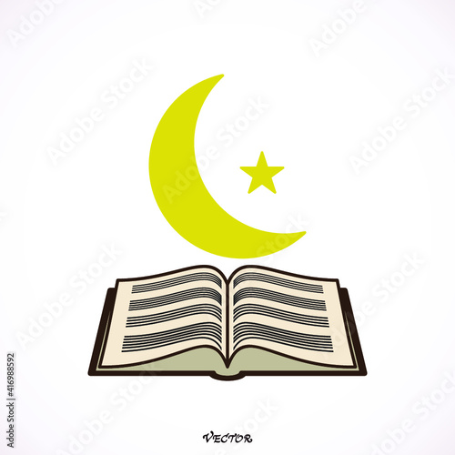  koran, an islamic crescent moon and star. Islam Book Colorful Icon Symbol. 
