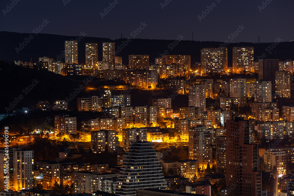 Architecture On Background Of Urban Night Cityscape, Tbilisi