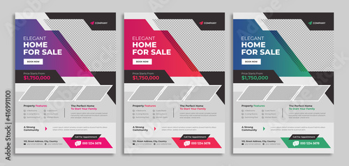 Professional real estate flyer template design for housing or property business agency. Home sale advertisement poster with logo & icon. Corporate graphic web banner & cover for digital marketing. 