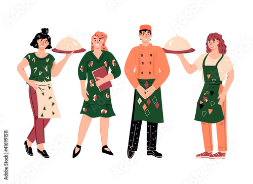 Restaurant or catering, fast food cafe staff characters in trendy flat design, vector illustration isolated on white background. Waiters and chef cook, restaurant manager.