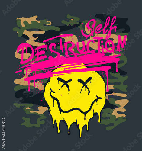 self destruction ink dripping camouflage illustration with melting emoji