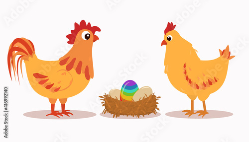 vector illustration of a chicken and a rooster next to a nest with eggs  one of which is the color of a rainbow. Isolated on a white background