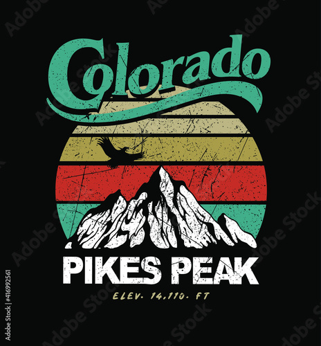 Colorado Pikes Peak Mountain illustration in retro style and colours